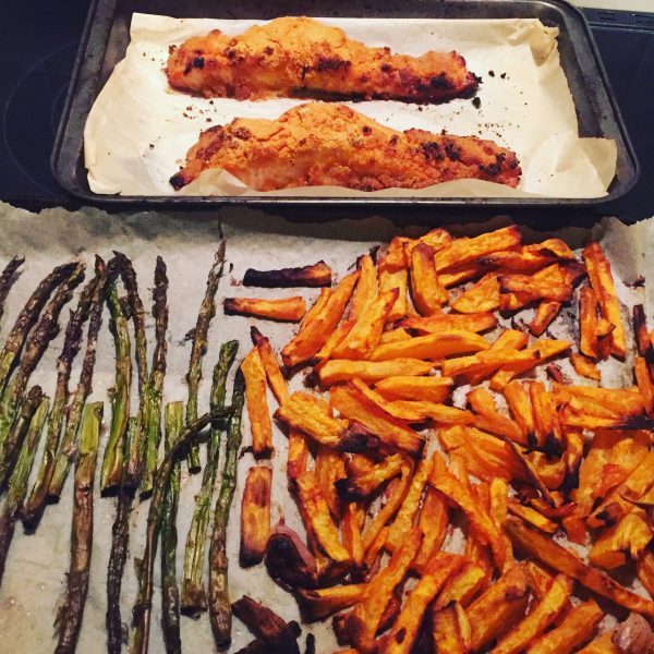 Lemony breaded salmon fillets with roasted sweet potato wedges and asparagus