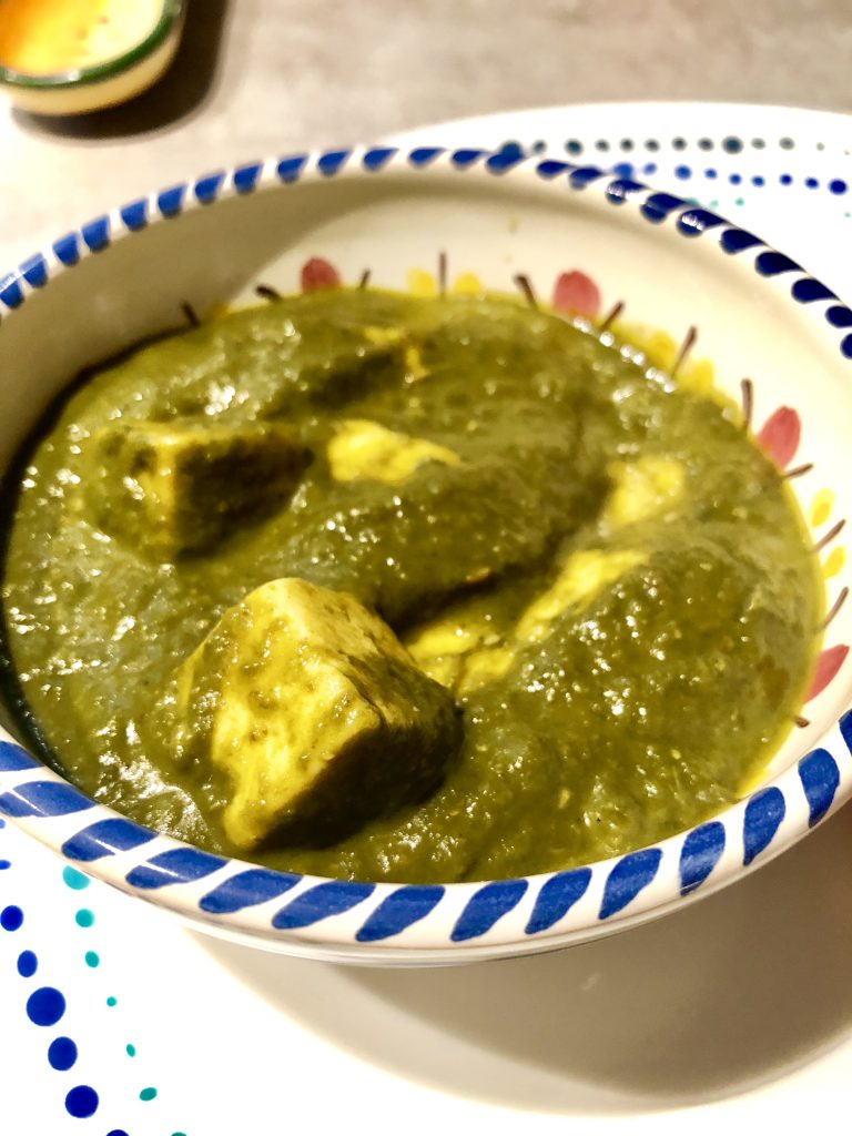 Spinach Paneer curry in a bowl