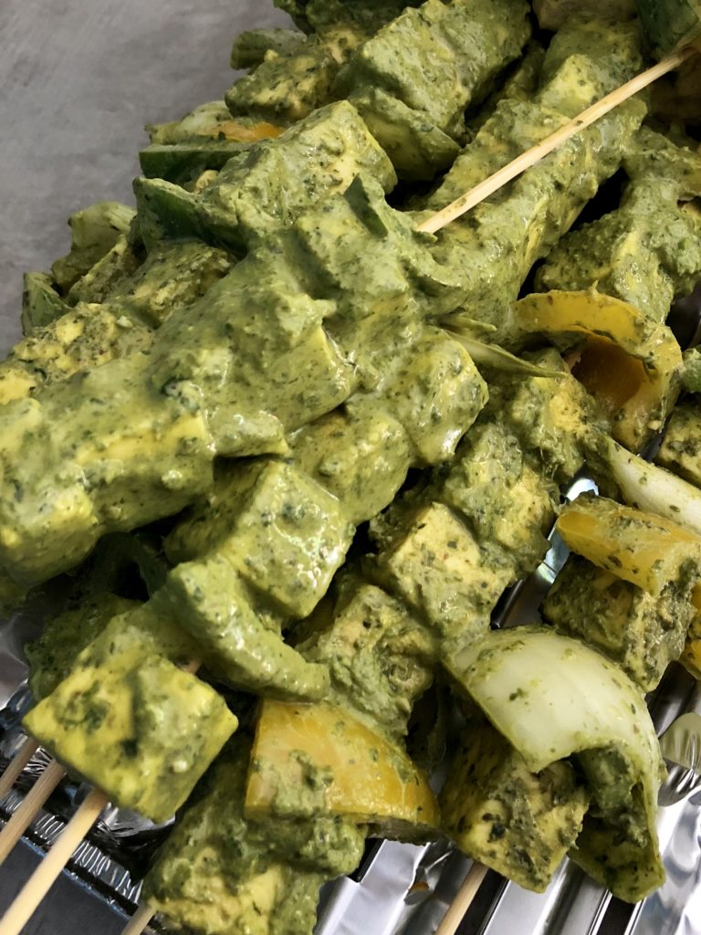 Paneer and vegetable skewers marinated in a green coriander chutney marinade